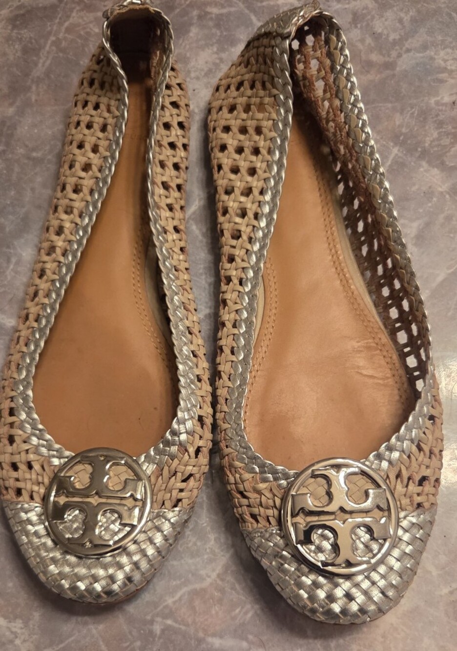 Tory Burch Silver & Tan Woven Ballet Flats